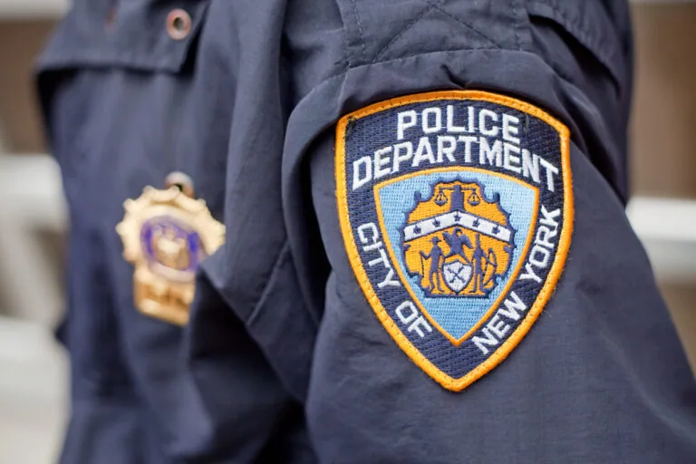 The crest on the jacket of a New York City Police Officer while on patrol.